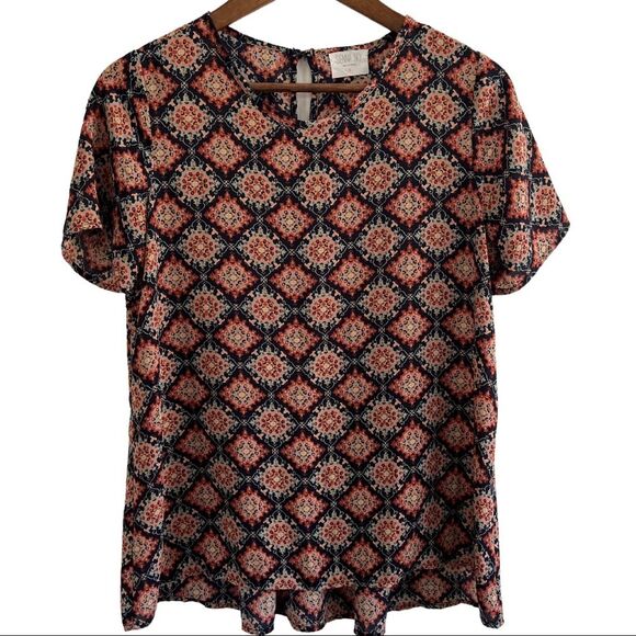 Blue and Orange Diamond Design High Low Hem Boho Western Top Size Small - Picture 1 of 16